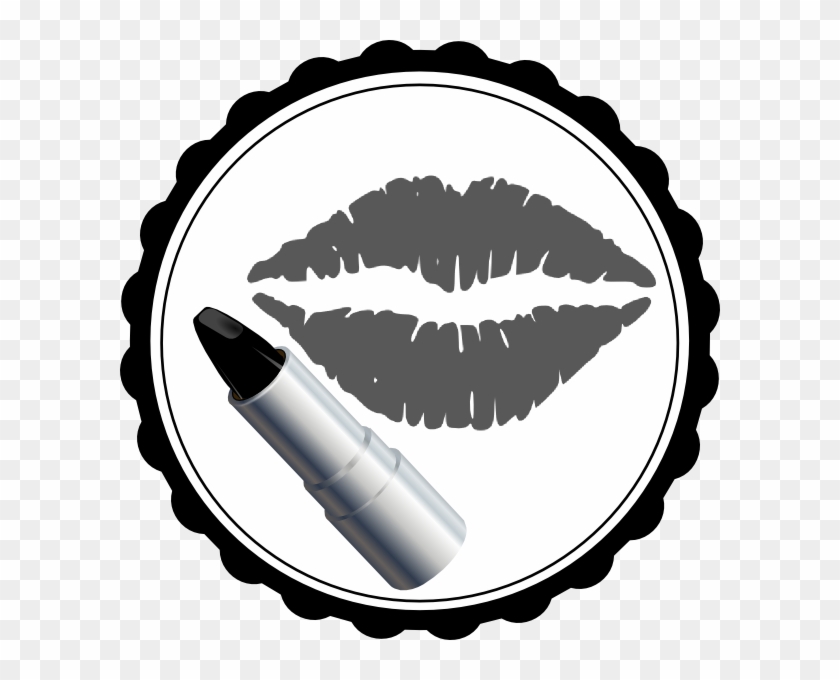 Lipstick tube and kiss mark inside a scalloped circular frame, monochrome design.