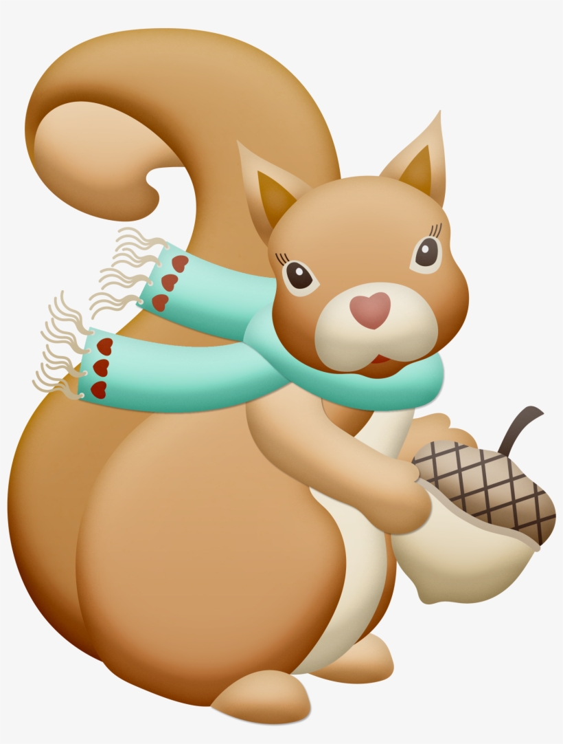 Cute cartoon squirrel wearing a teal scarf with hearts, holding an acorn.