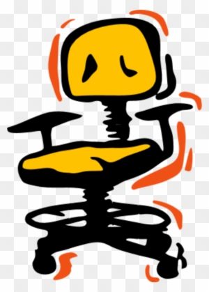 Cartoon-style office chair with yellow seat/back, black base, and orange motion lines suggesting movement or discomfort.
