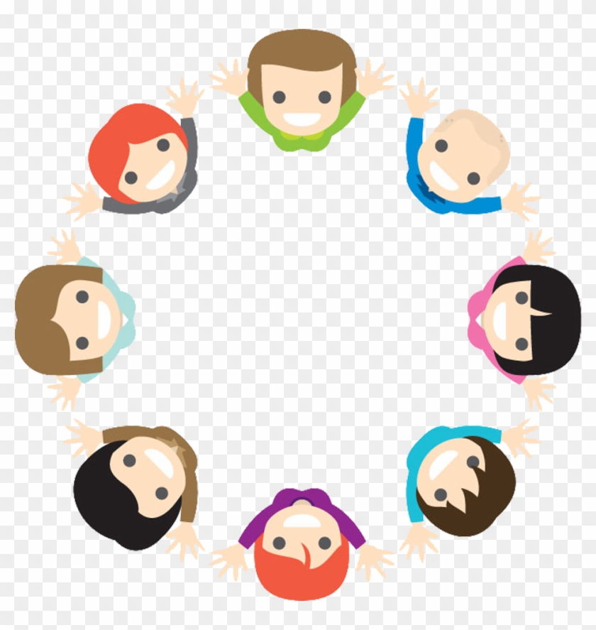 Eight diverse cartoon people holding hands in a joyful circle, symbolizing unity and teamwork.