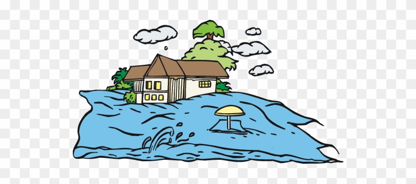 A cartoon-style house on a small island surrounded by rising floodwaters, with trees, clouds, and a submerged umbrella.