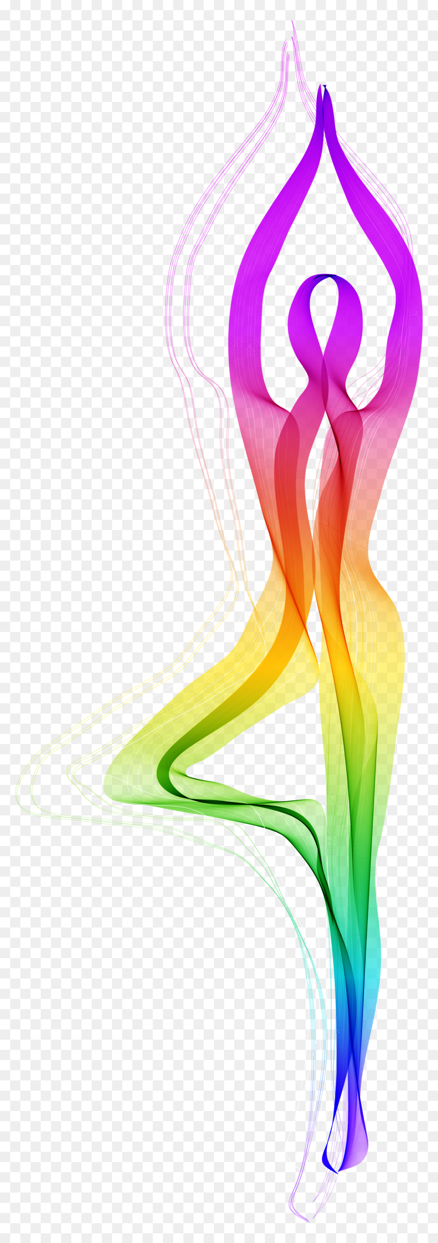 Abstract rainbow-colored silhouette of a person in a yoga pose, flowing lines and gradient hues from violet to red to green to blue.