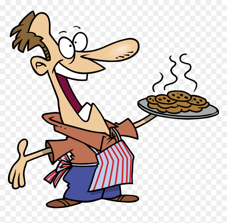 Cartoon baker with long nose smiling, holding a steaming tray of chocolate chip cookies while wearing a striped apron.