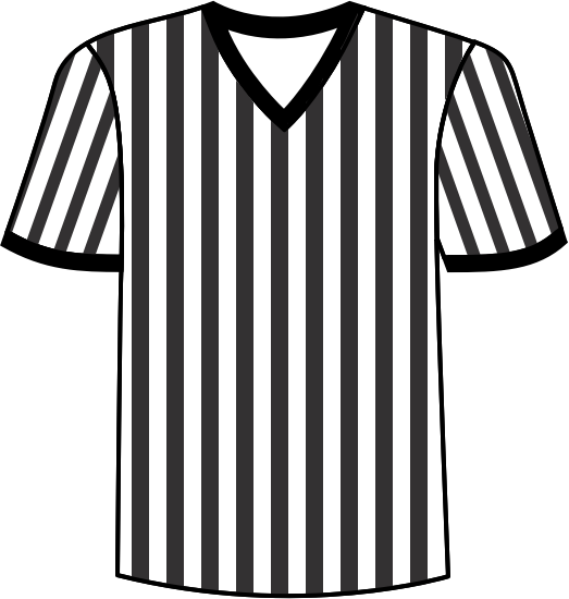Classic black-and-white vertically striped referee jersey with V-neck collar and short sleeves.