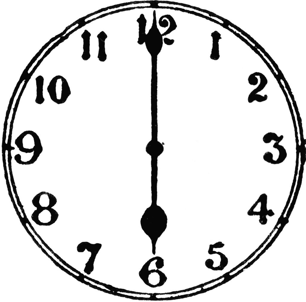 Vintage-style analog clock face showing 6:00 with ornate black hands and numerals on white background.