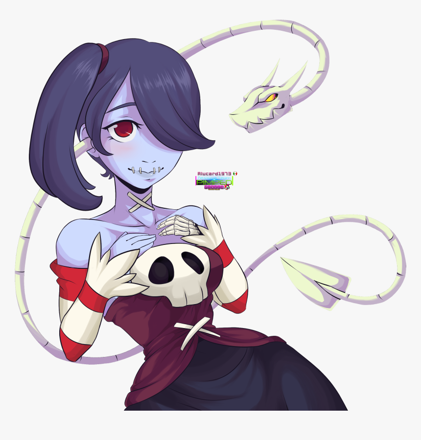 Pale-skinned anime girl with purple hair, red eye, stitched mouth, holding a skull, and a glowing serpentine creature behind her.