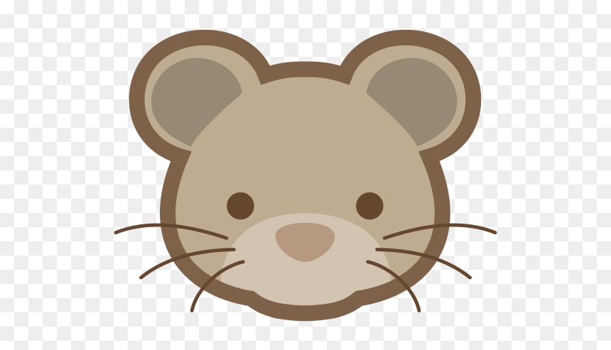 Cute cartoon mouse face with round ears, small eyes, and whiskers on transparent background.
