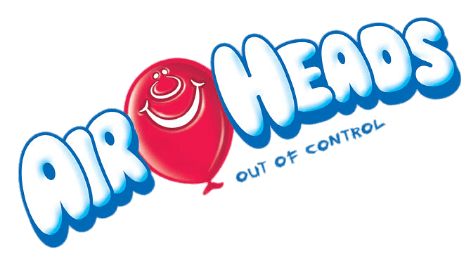 Air Heads candy logo featuring a smiling red balloon and bold blue-and-white text with "Out of Control" tagline.