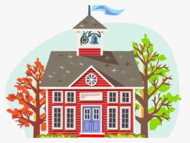 Red schoolhouse with bell tower, autumn and spring trees, blue flag waving.
