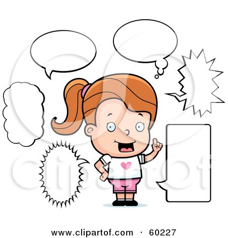 Cartoon girl with orange ponytail pointing at speech bubbles and thought clouds, expressing ideas or confusion.