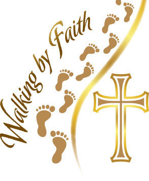 Golden cross with footprints and "Walking by Faith" text, symbolizing spiritual journey.