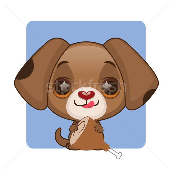 Cute cartoon puppy with starry eyes holding a bone, smiling joyfully against a light blue background.
