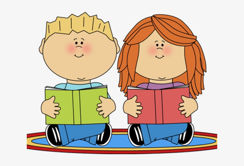 Two smiling cartoon children sitting cross-legged, each holding an open book-one green, one red-on a colorful rug.