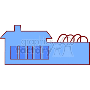 Simplified illustration of a power plant with building, windows, chimney, and cooling tower.