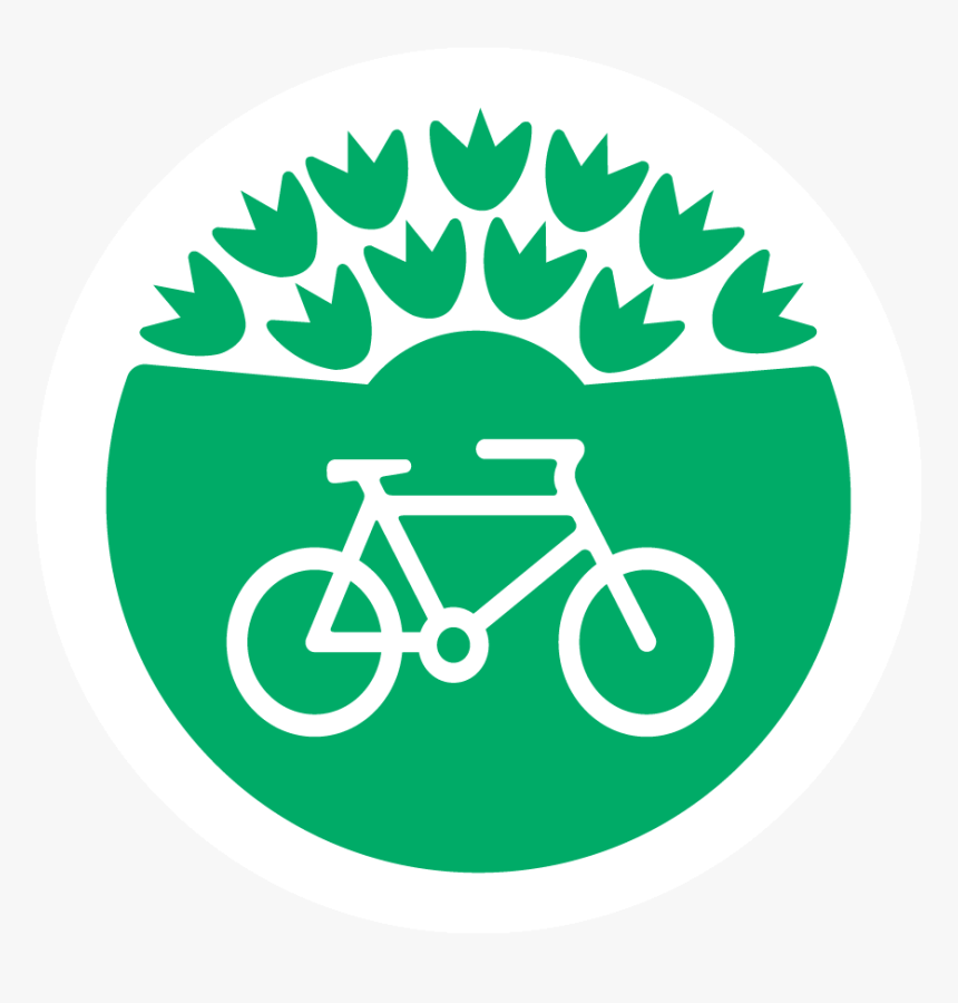 Green circular icon with white bicycle silhouette beneath leafy canopy, symbolizing eco-friendly cycling.