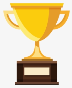 Golden trophy cup with two handles on a wooden base featuring a blank plaque for customization.