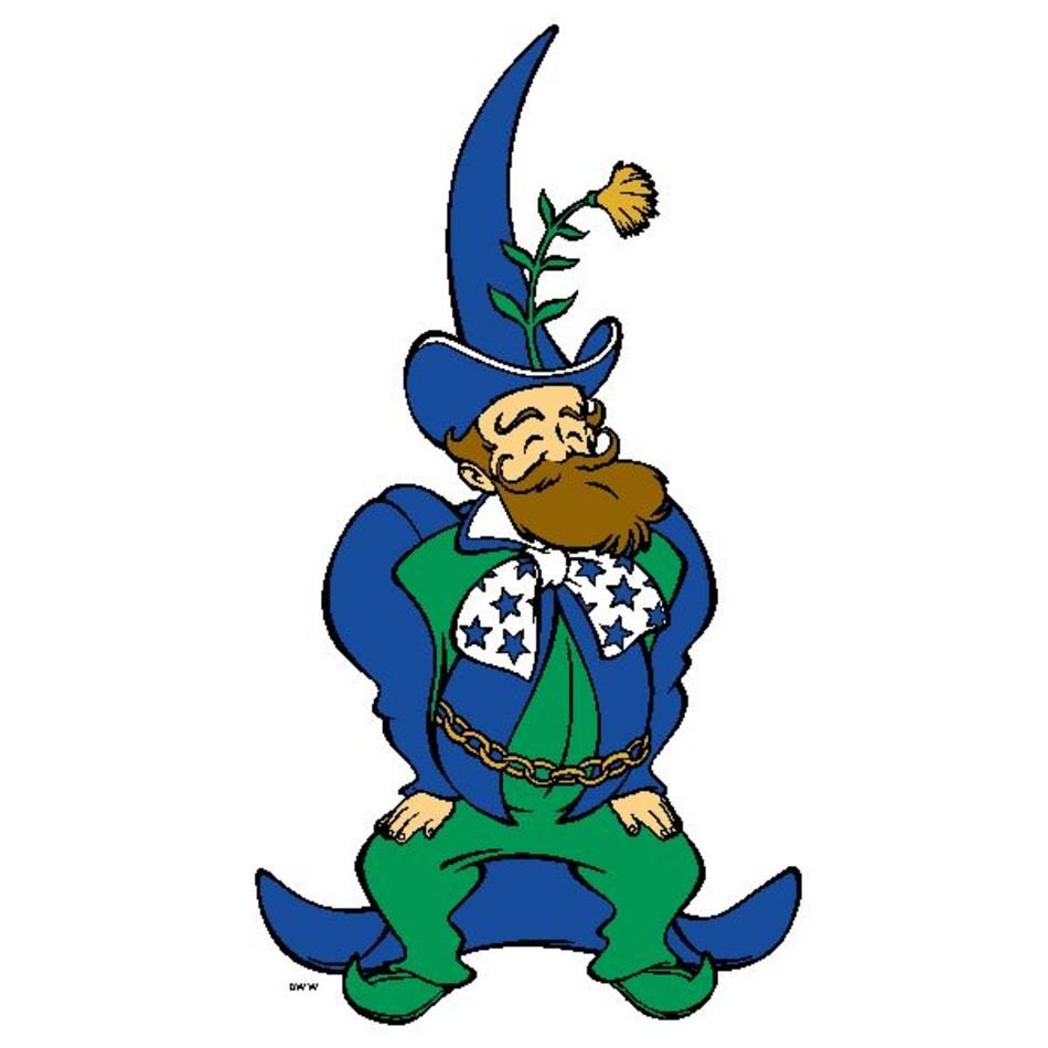 A whimsical cartoon gnome with a tall blue hat, green outfit, star-patterned scarf, and a flower sprouting from his hat.