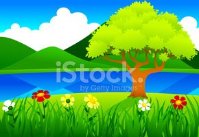 Lush green tree by a serene blue lake, surrounded by colorful wildflowers and rolling hills under a bright sky.