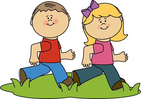 Two smiling cartoon children running on grass-boy in red shirt and blue pants, girl in pink shirt and purple bow.