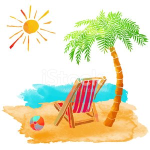 Sunny beach scene with striped lounge chair, palm tree, beach ball, and bright sun over turquoise water.