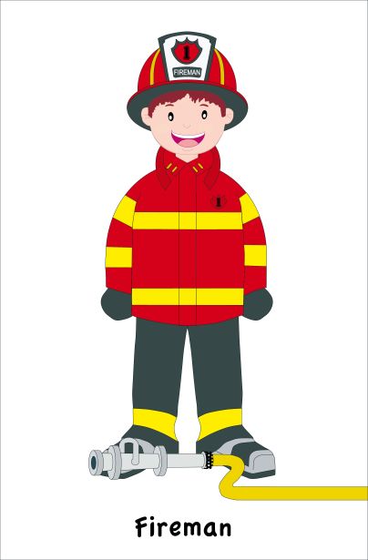 Smiling cartoon fireman in red uniform with helmet and hose, labeled "fireman".