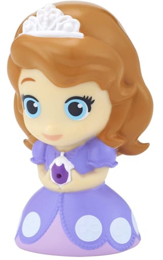 Sofia the First stylized figurine with purple dress, white tiara, and large blue eyes.