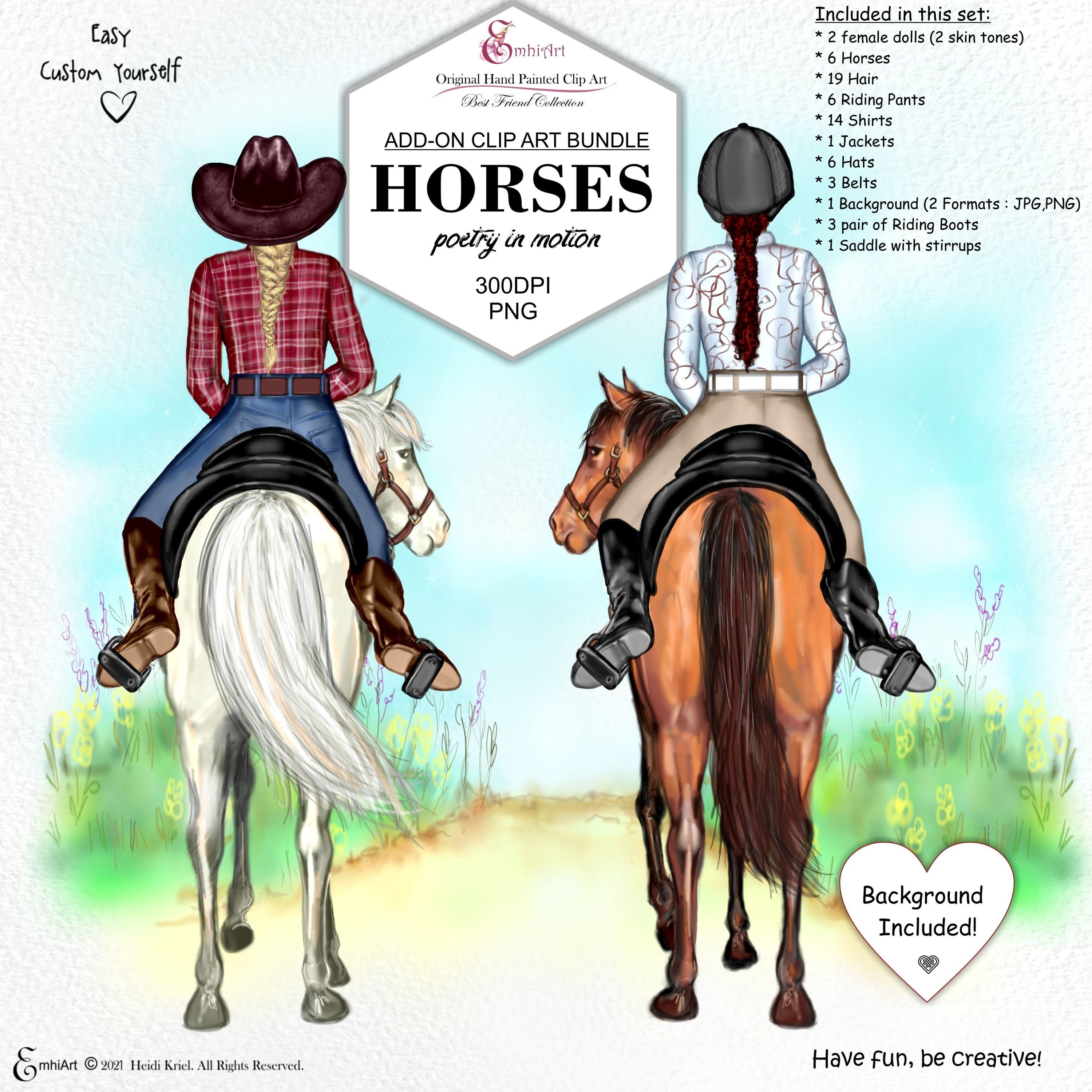 Two hand-painted female riders on horses (western and English styles), customizable clip art bundle with 300 DPI PNG files.