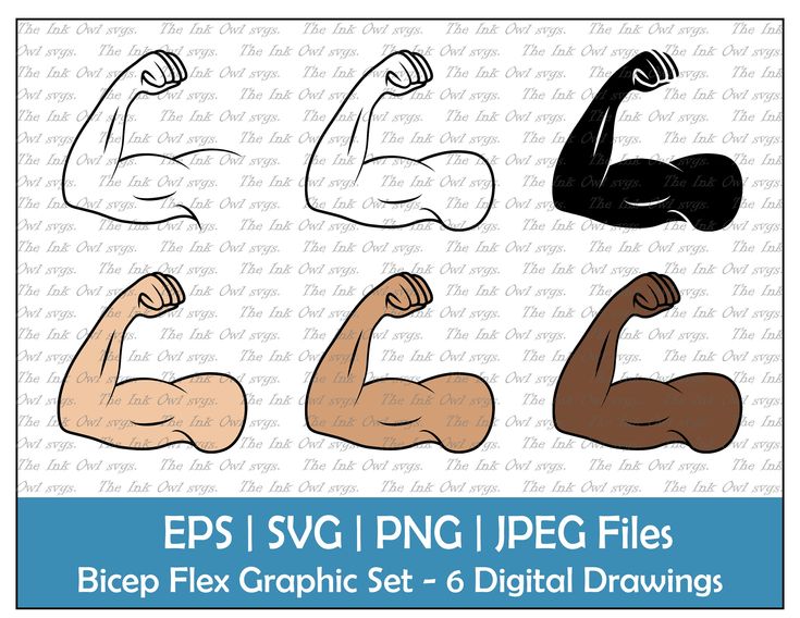 Six bicep flex illustrations in black, white, and skin tones; vector graphics set for design use.