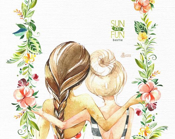Two friends embracing from behind, surrounded by floral watercolor borders; text reads "Sun and Fun bestie".
