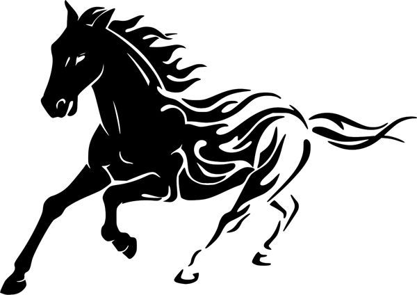 Black tribal-style horse in dynamic gallop with flowing mane and tail, stylized flame-like patterns.