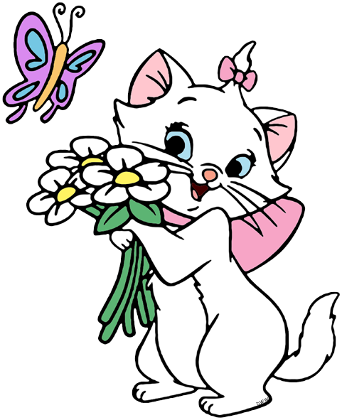 A white cartoon kitten with pink bow holds daisies while a purple butterfly flutters nearby.