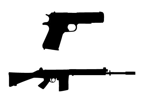 Silhouettes of a semi-automatic pistol and a rifle on white background.