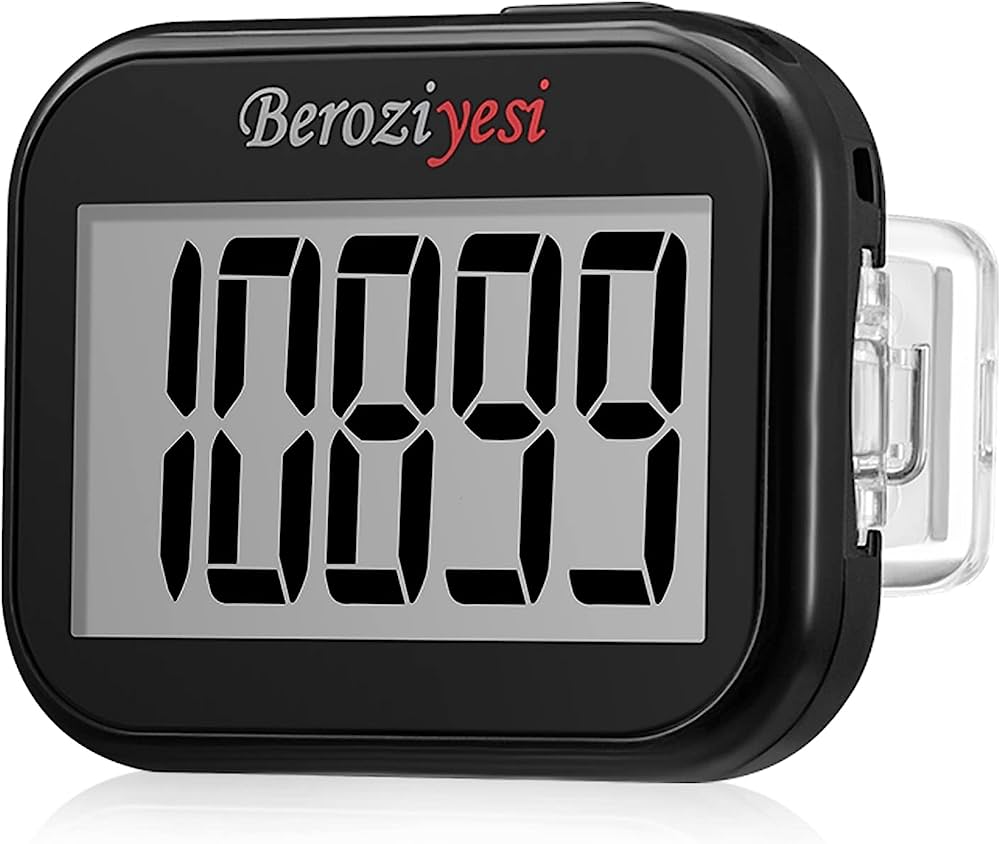 Black digital pedometer display showing step count 10,099 and distance 10.00 km on a gray LCD screen.