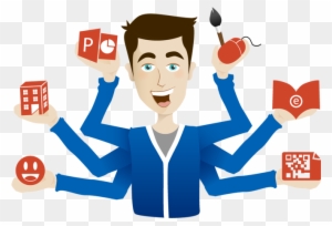 Multitasking professional with multiple arms holding icons for PowerPoint, Excel, coding, design, books, QR code, and emoji.