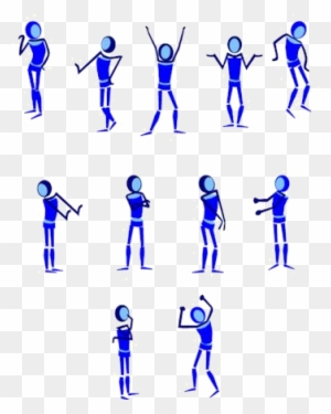 Blue stick figure illustrations in dynamic poses demonstrating gestures, dance moves, and expressive body language.