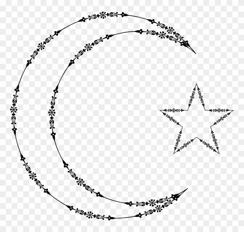 Ornate black-and-white crescent moon and five-pointed star with floral filigree detailing on transparent background.