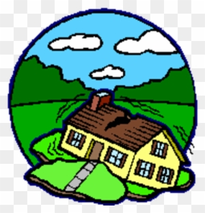 Cartoon illustration of a yellow house with a cracked roof on green hills under a blue sky with clouds.