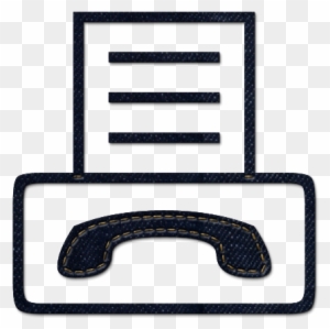 Denim-textured fax machine icon with paper output and handset, stylized in dark blue with yellow stitching.
