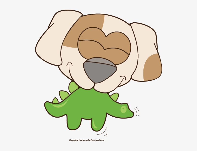 Cute cartoon puppy with brown patches happily chewing a green dinosaur toy.