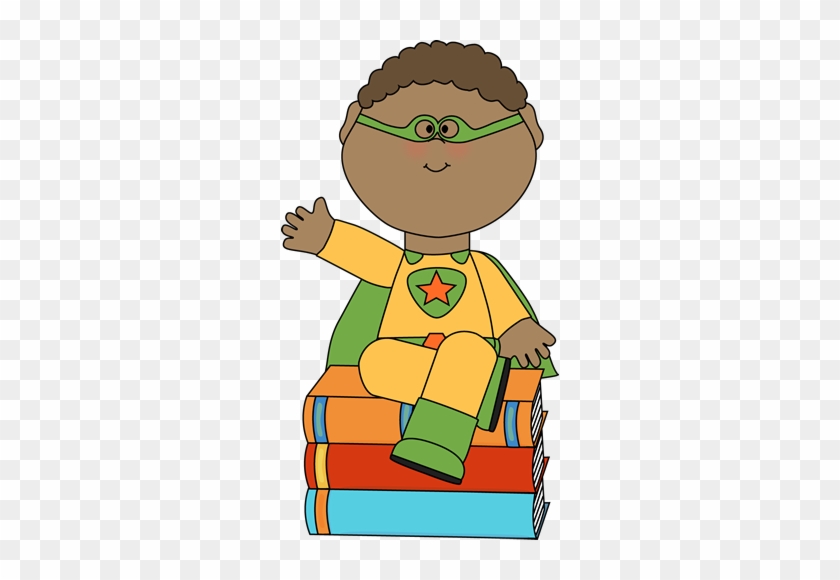 A cartoon Black child in a green and yellow superhero costume sits atop a stack of colorful books, waving cheerfully.