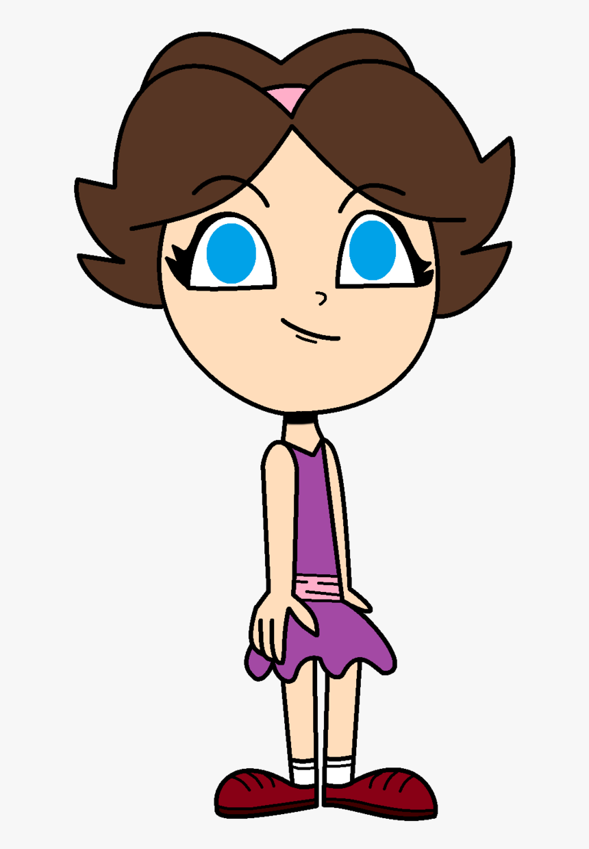 Cartoon girl with brown hair, blue eyes, wearing a purple dress and red shoes, smiling gently.