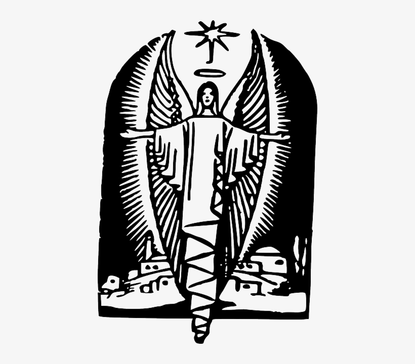 Black-and-white linocut-style angel with outstretched wings, halo, and star above, standing over a town landscape.