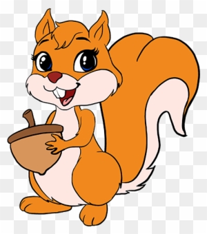 Cheerful cartoon squirrel holding an acorn, orange fur with white belly and bushy tail, smiling with big eyes.
