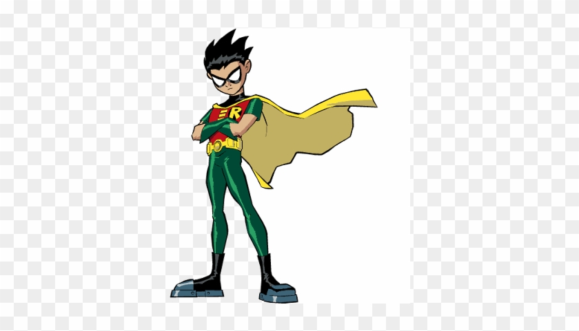 Robin from Teen Titans, standing confidently with arms crossed, wearing green suit, yellow cape, and red "R" emblem.