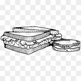 Black-and-white line drawing of a tuna sandwich next to an open can labeled "TUNA FISH".