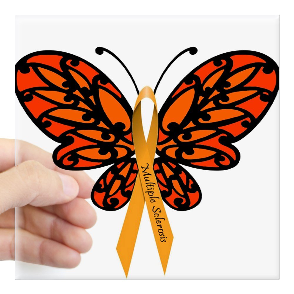 Orange butterfly with black pattern and gold ribbon labeled "Multiple Sclerosis" held by a hand.