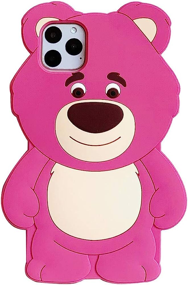 Pink bear-shaped silicone phone case with smiling face and camera cutout for iPhone.