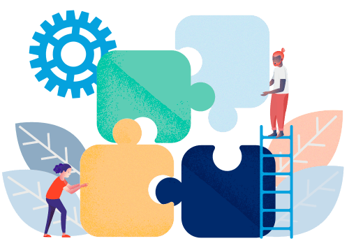 Two people assembling colorful puzzle pieces with a gear and leaves, symbolizing teamwork, problem-solving, and growth.
