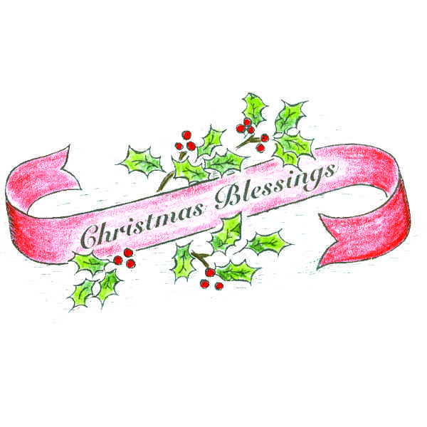 Hand-drawn pink ribbon with "Christmas Blessings" text, adorned with green holly leaves and red berries.