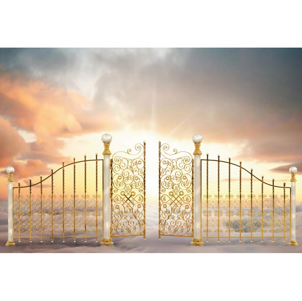 Golden ornate gates open to a radiant sky, symbolizing heaven or divine entry.